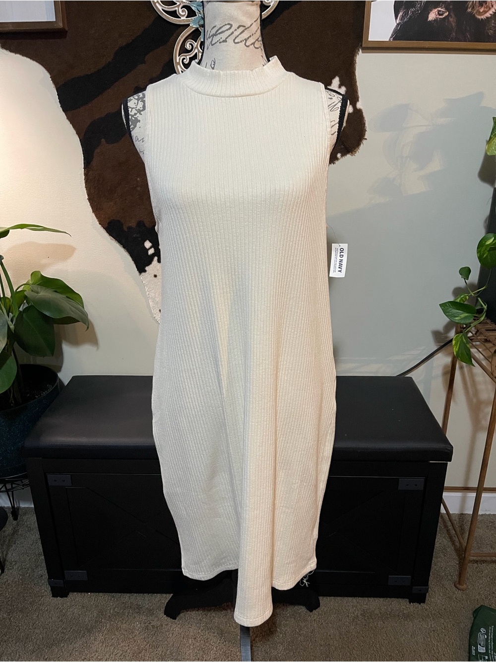 Old Navy Cream Sleeveless Ribbed Mock-Neck Midi Dress